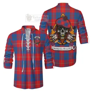 Blane Tartan Ghillie Kilt Shirt with Family Crest and Bearded Skull Holding Bottles of Whiskey