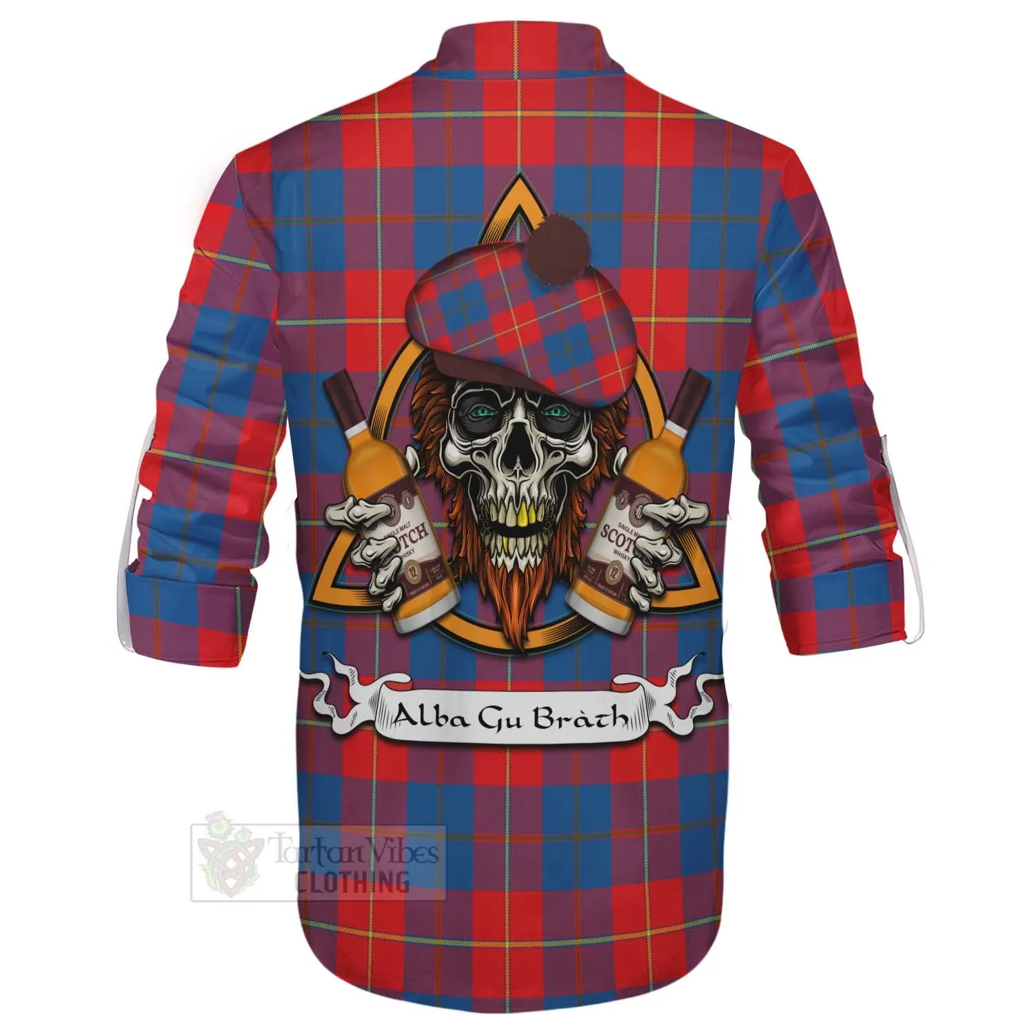 Blane Tartan Ghillie Kilt Shirt with Family Crest and Bearded Skull Holding Bottles of Whiskey