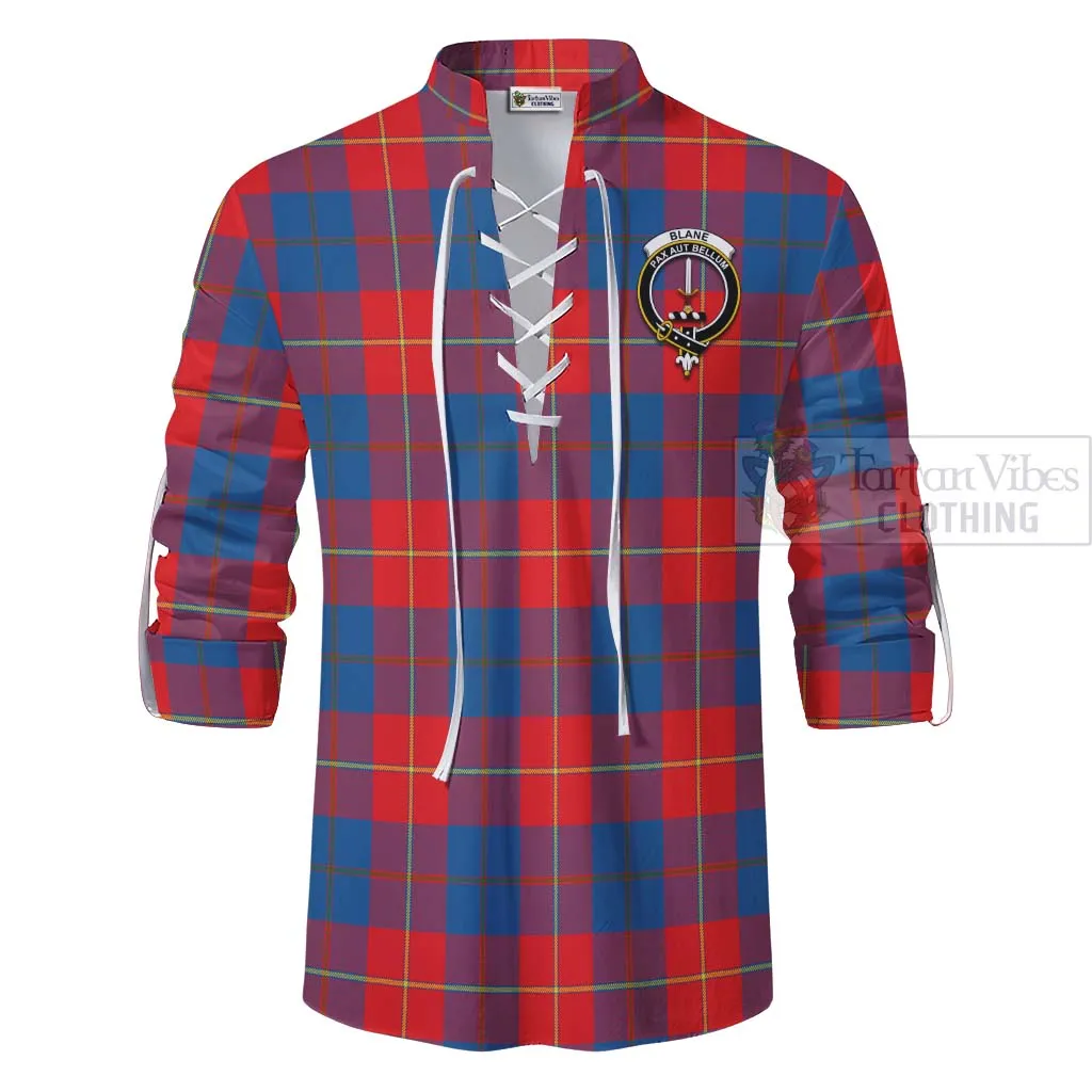 Blane Tartan Ghillie Kilt Shirt with Family Crest and Bearded Skull Holding Bottles of Whiskey