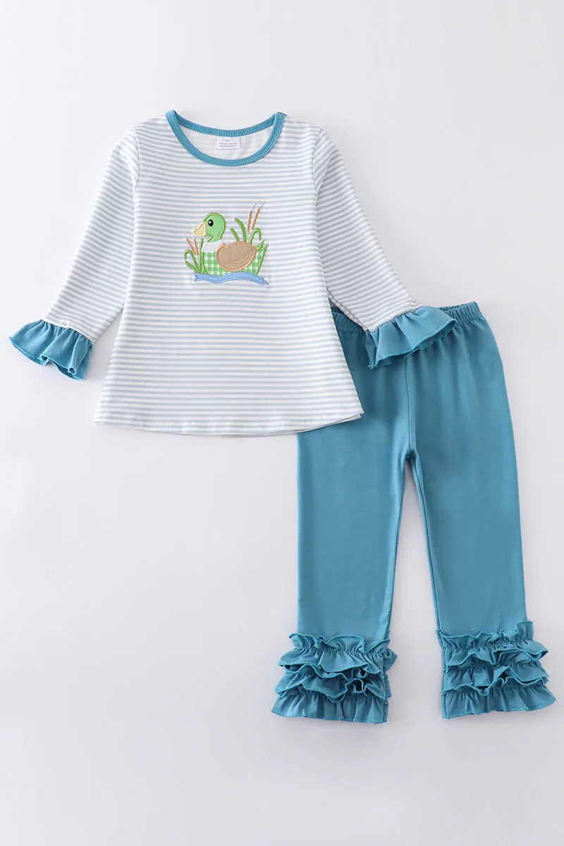 Blue stripe duck applique girl set