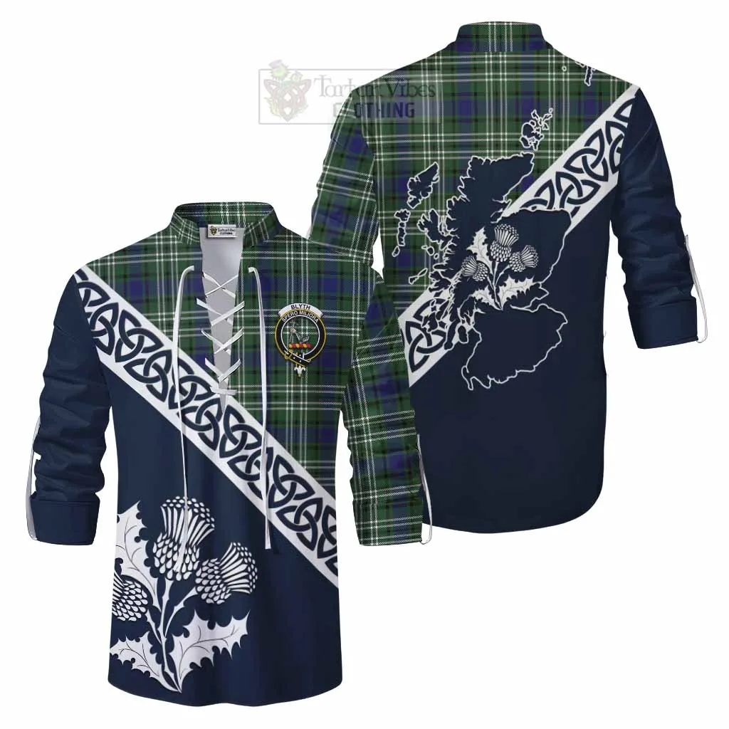 Blyth Tartan Ghillie Kilt Shirt Featuring Thistle and Scotland Map