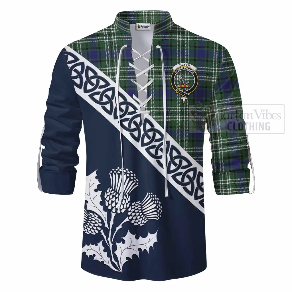 Blyth Tartan Ghillie Kilt Shirt Featuring Thistle and Scotland Map