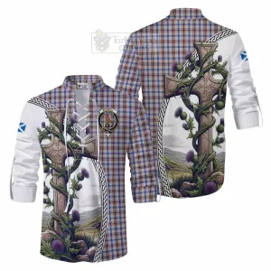 Boswell Tartan Ghillie Kilt Shirt with Family Crest and St. Andrew's Cross Accented by Thistle Vines