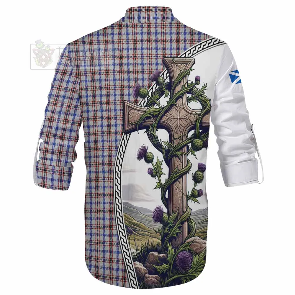 Boswell Tartan Ghillie Kilt Shirt with Family Crest and St. Andrew's Cross Accented by Thistle Vines