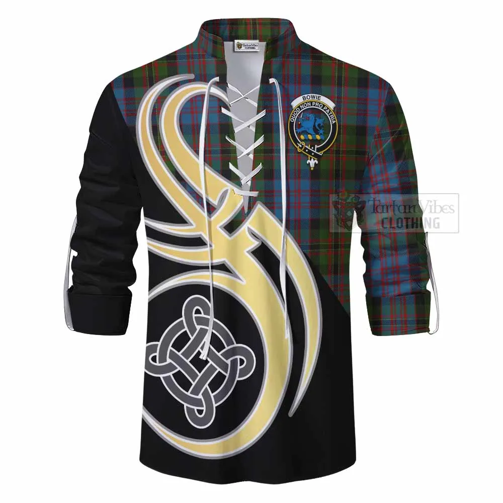 Bowie Tartan Ghillie Kilt Shirt with Family Crest and Celtic Symbol Style