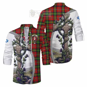 Boyd Tartan Ghillie Kilt Shirt with Family Crest and St. Andrew's Cross Accented by Thistle Vines
