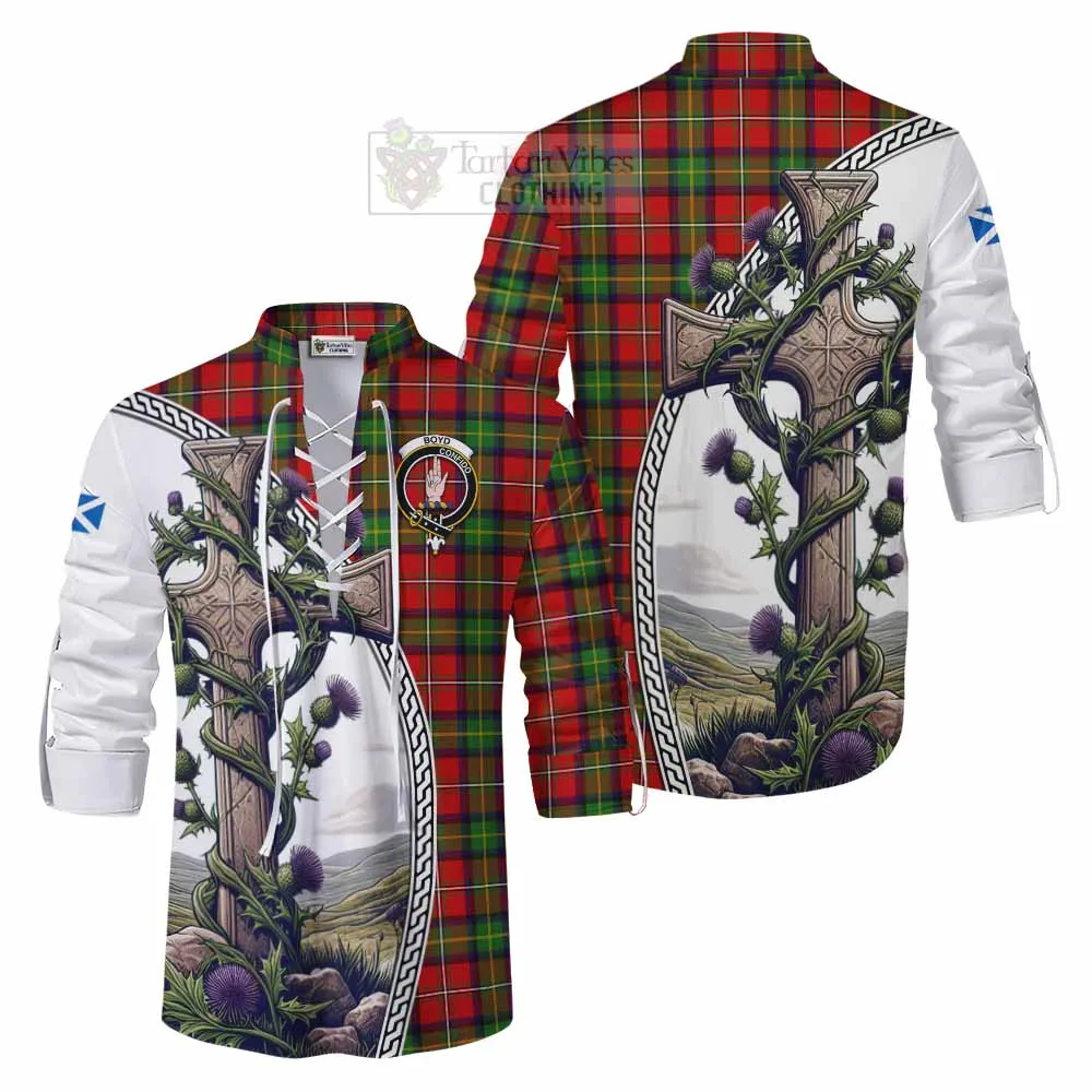 Boyd Tartan Ghillie Kilt Shirt with Family Crest and St. Andrew's Cross Accented by Thistle Vines