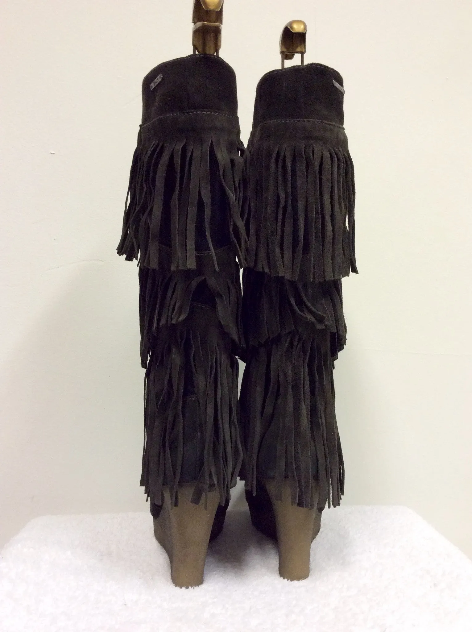 BRAND NEW DIESEL BROWN SUEDE FRINGED KNEE HIGH WEDGE HEEL BOOTS SIZE 6.5/40