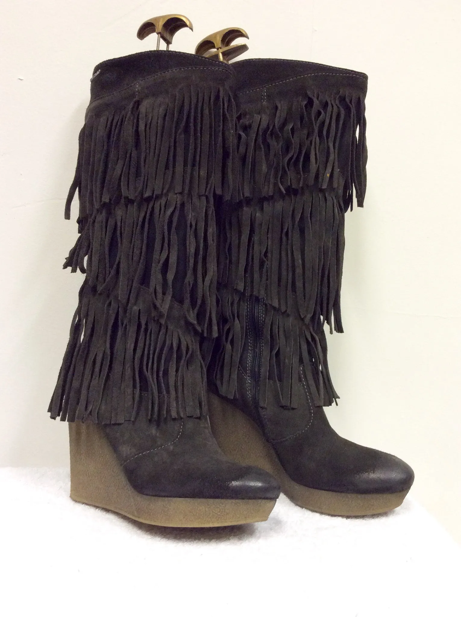 BRAND NEW DIESEL BROWN SUEDE FRINGED KNEE HIGH WEDGE HEEL BOOTS SIZE 6.5/40