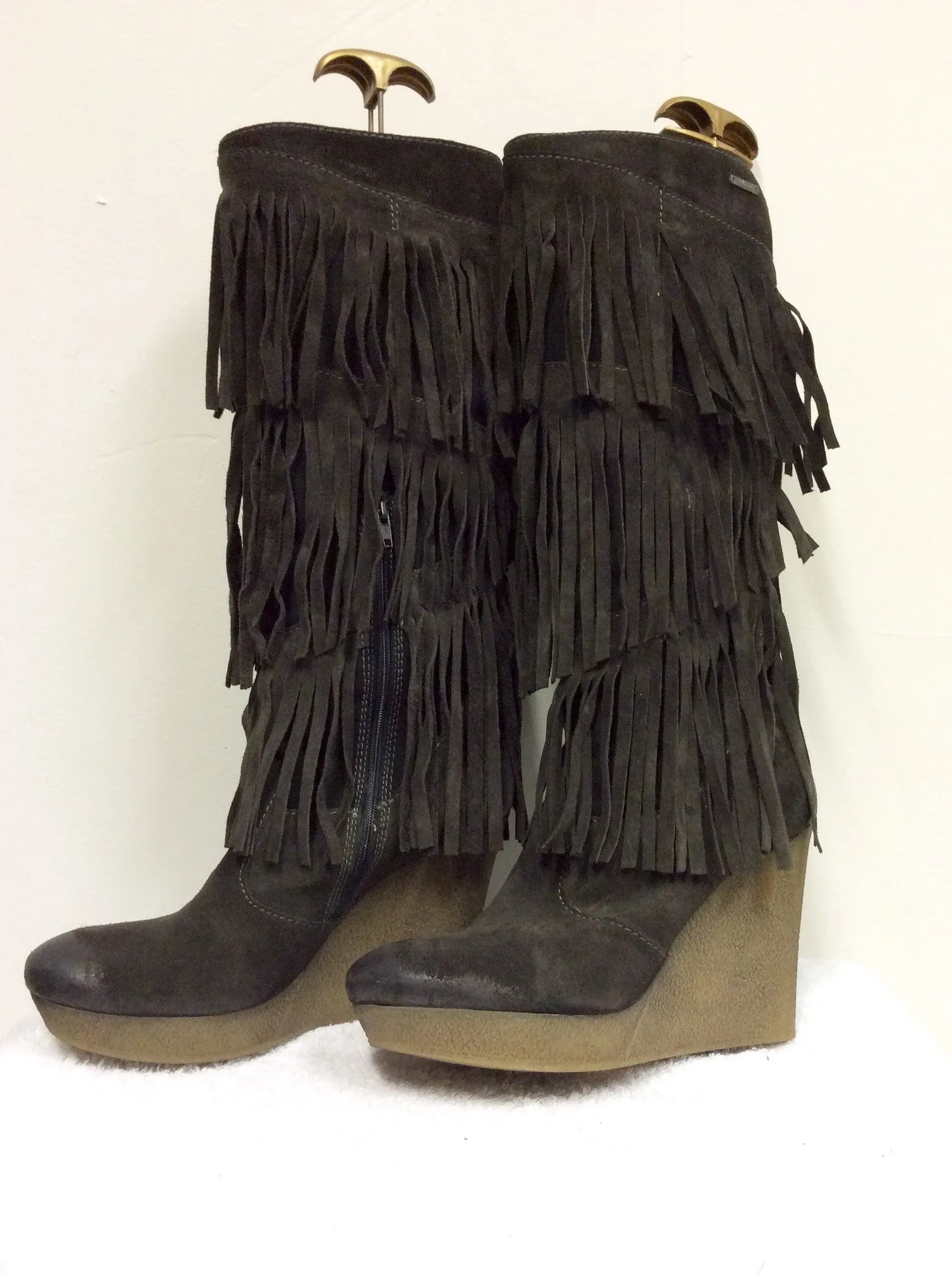 BRAND NEW DIESEL BROWN SUEDE FRINGED KNEE HIGH WEDGE HEEL BOOTS SIZE 6.5/40