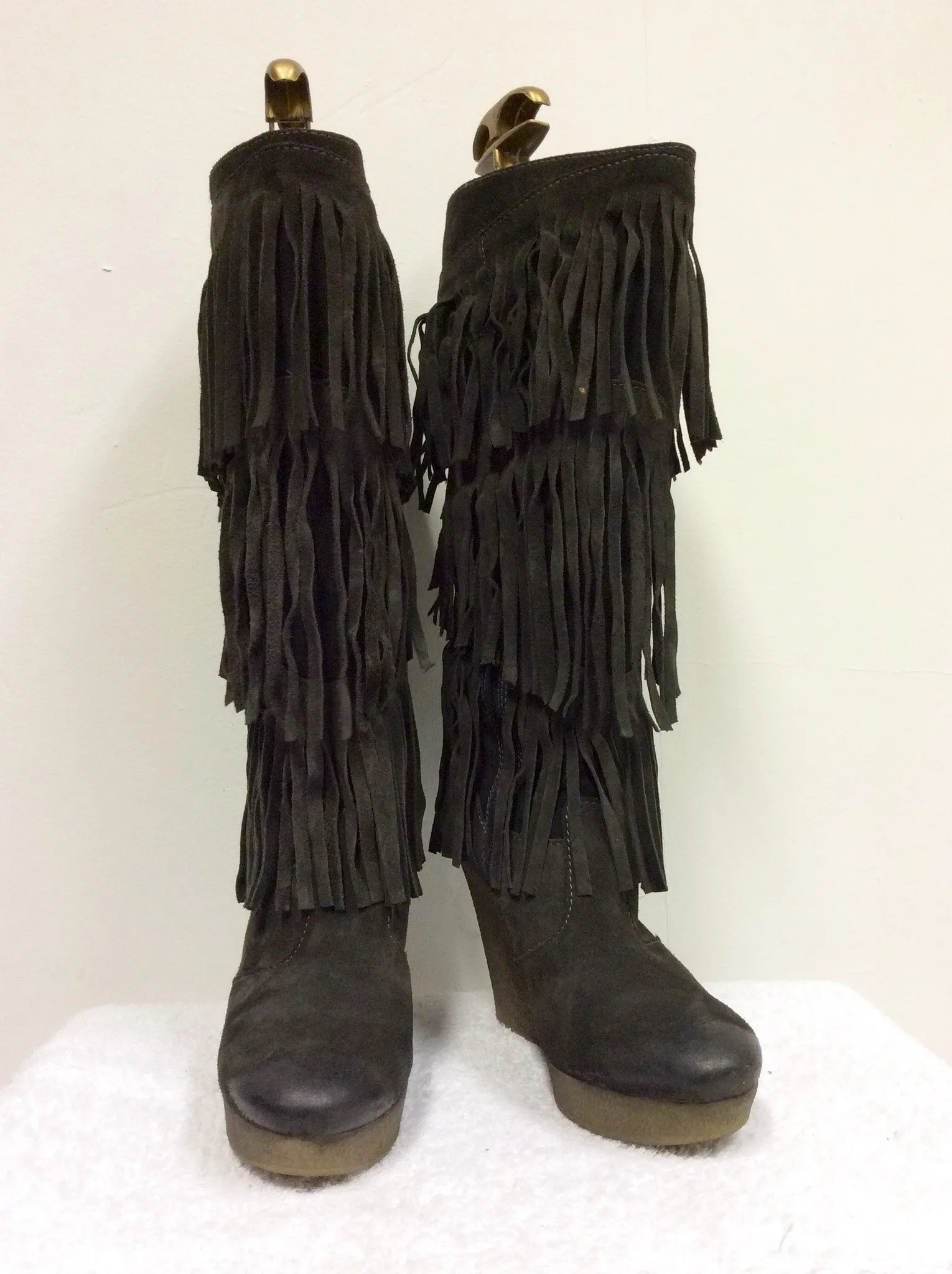 BRAND NEW DIESEL BROWN SUEDE FRINGED KNEE HIGH WEDGE HEEL BOOTS SIZE 6.5/40