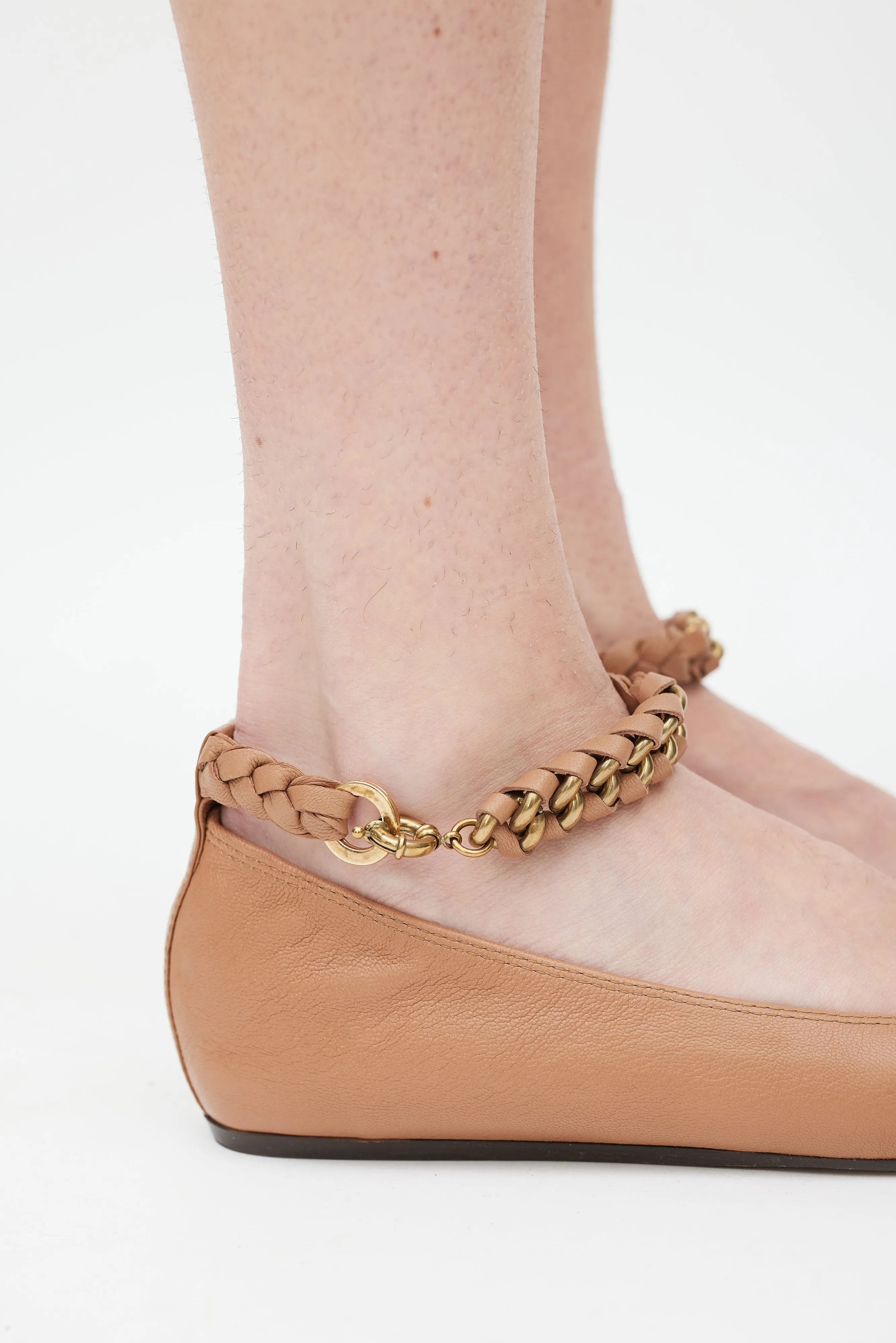 Brown & Gold Leather Braided Strap Ballet Flat