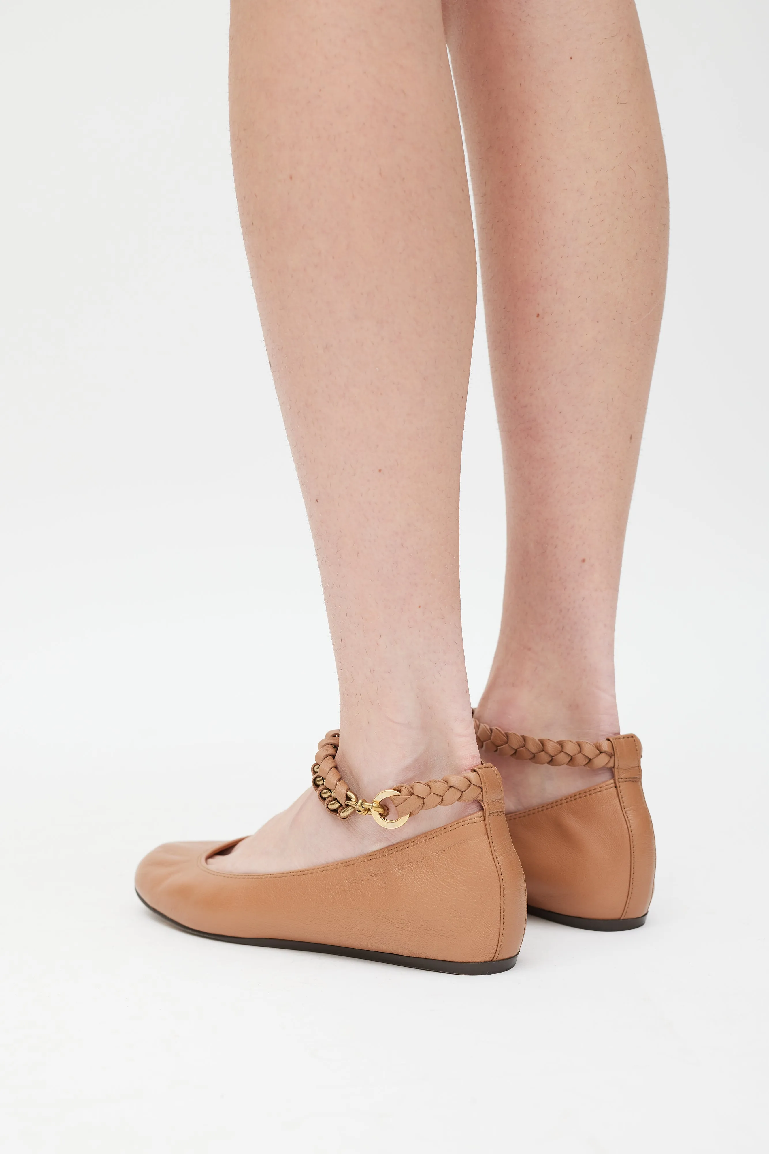 Brown & Gold Leather Braided Strap Ballet Flat