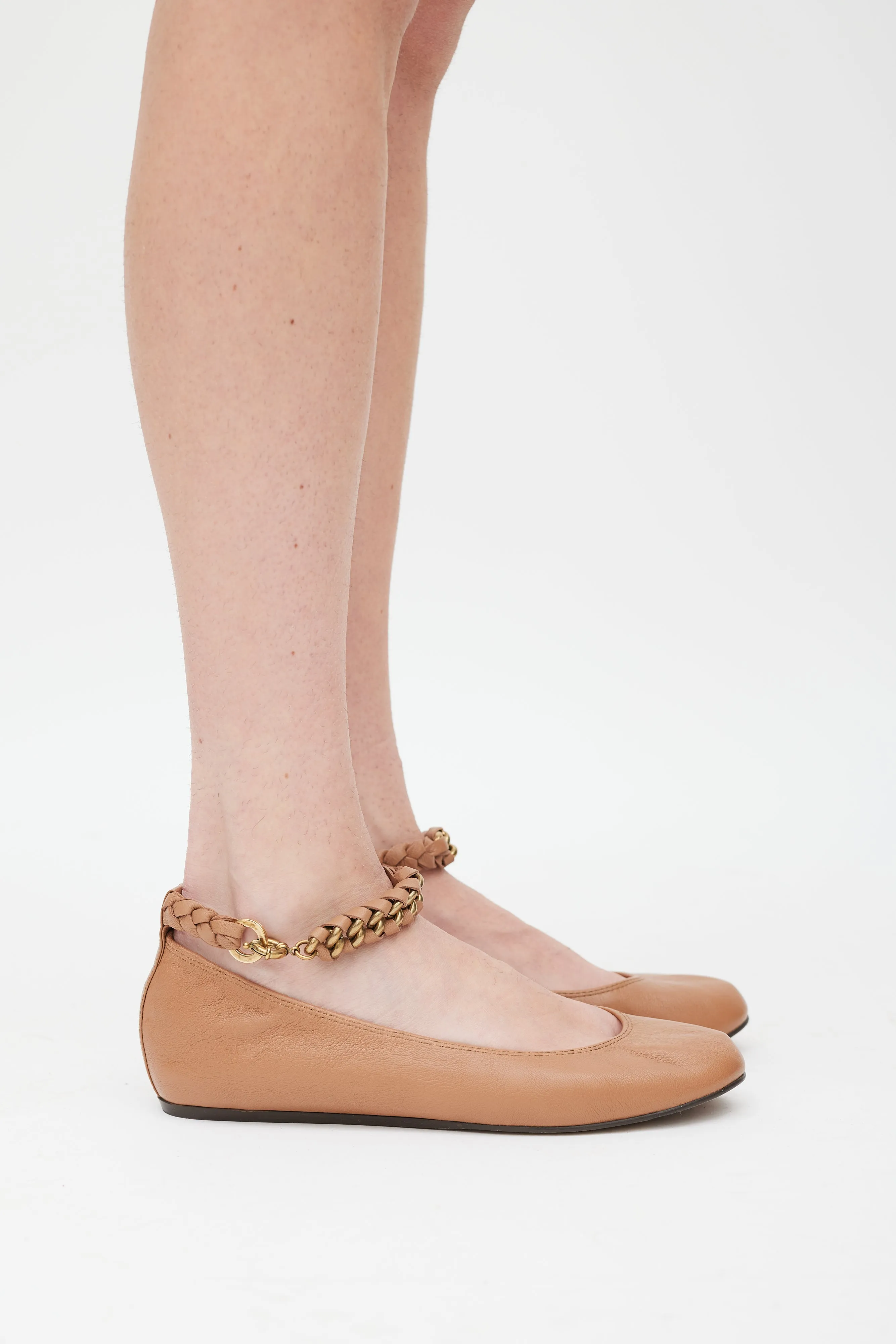 Brown & Gold Leather Braided Strap Ballet Flat