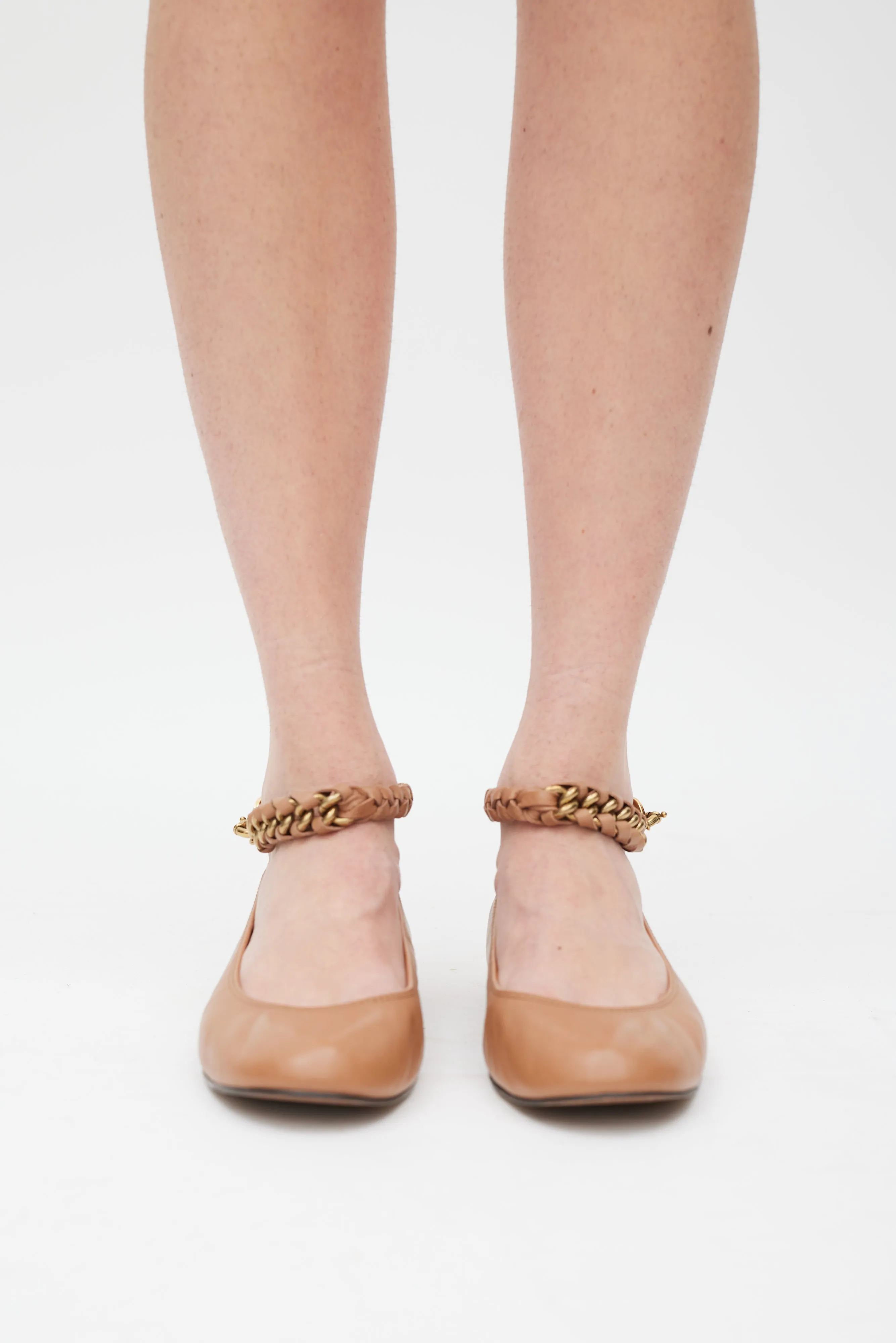 Brown & Gold Leather Braided Strap Ballet Flat