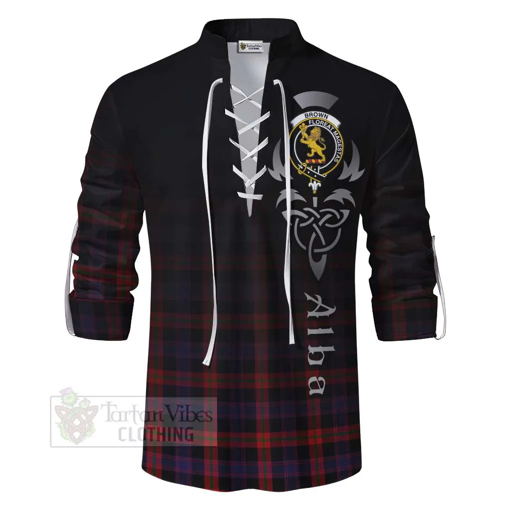 Brown (Broun) Tartan Ghillie Kilt Shirt Featuring Alba Gu Brath Family Crest Celtic Inspired