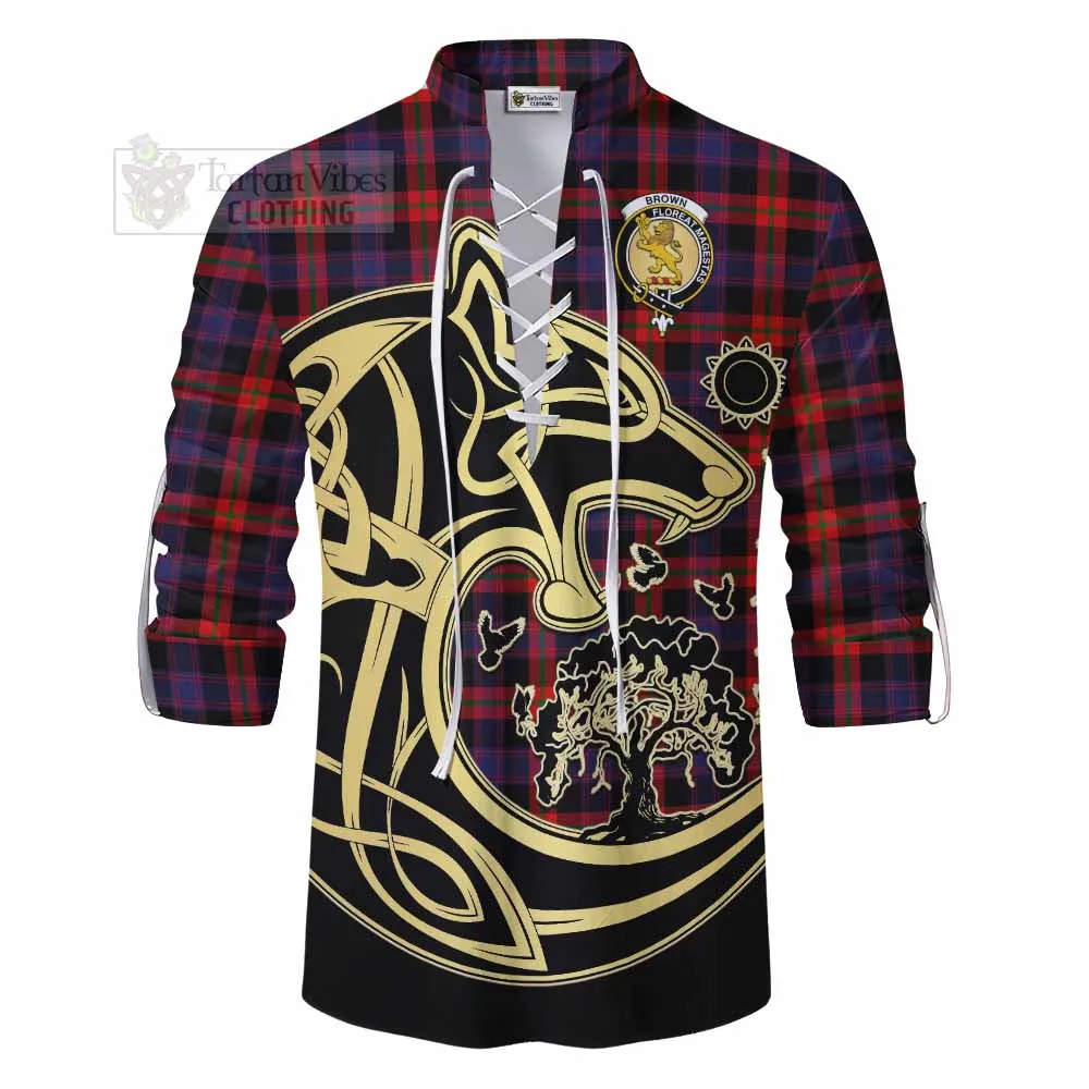 Brown (Broun) Tartan Ghillie Kilt Shirt with Family Crest Celtic Wolf Style