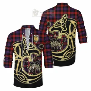 Brown (Broun) Tartan Ghillie Kilt Shirt with Family Crest Celtic Wolf Style