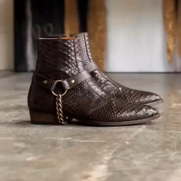 Brown Leather Iliad Chained Zipper Boots