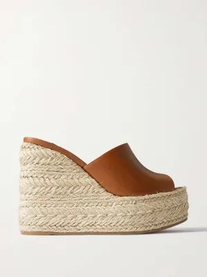 Brown leather raffia-wedge mules