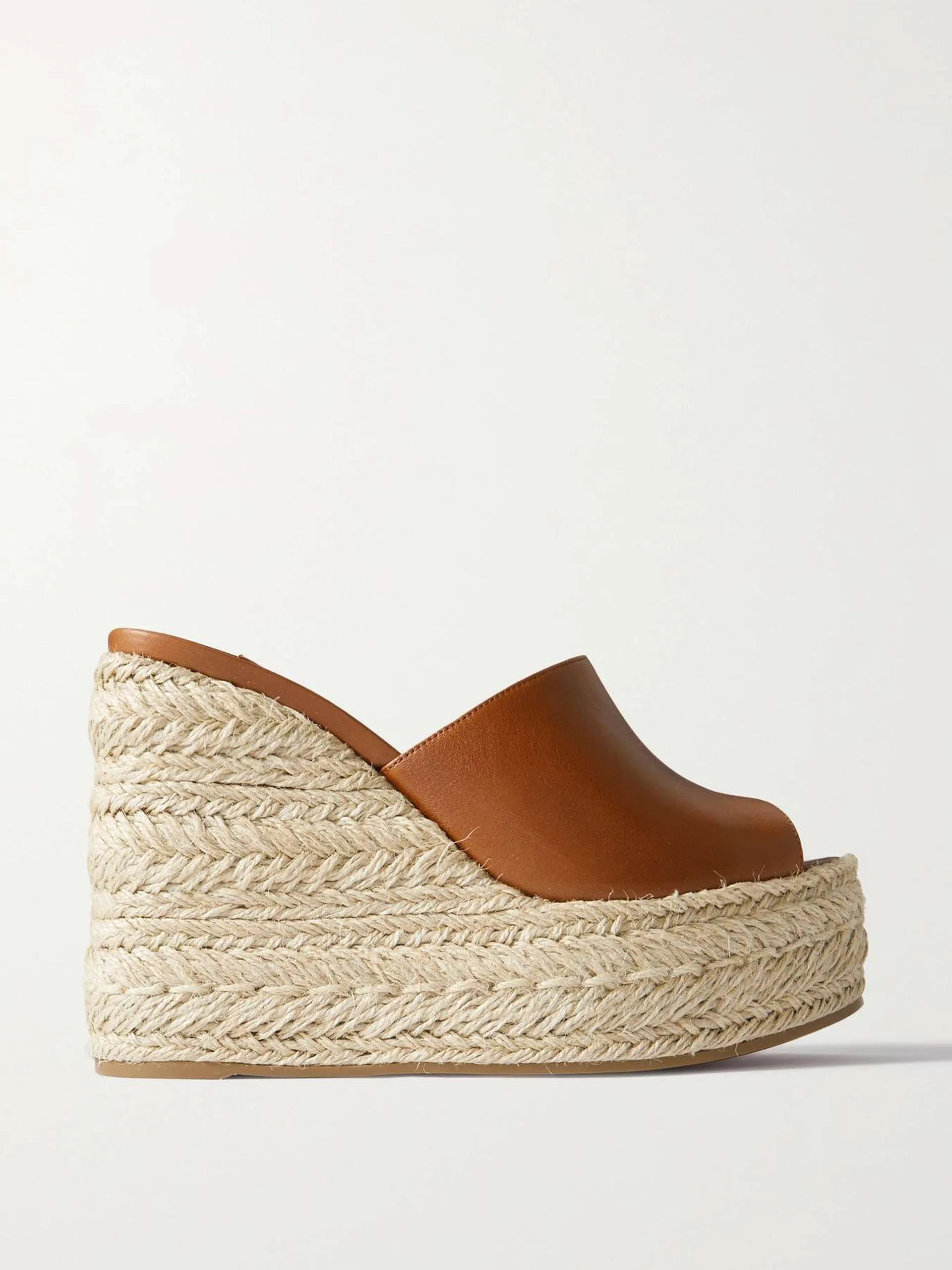 Brown leather raffia-wedge mules