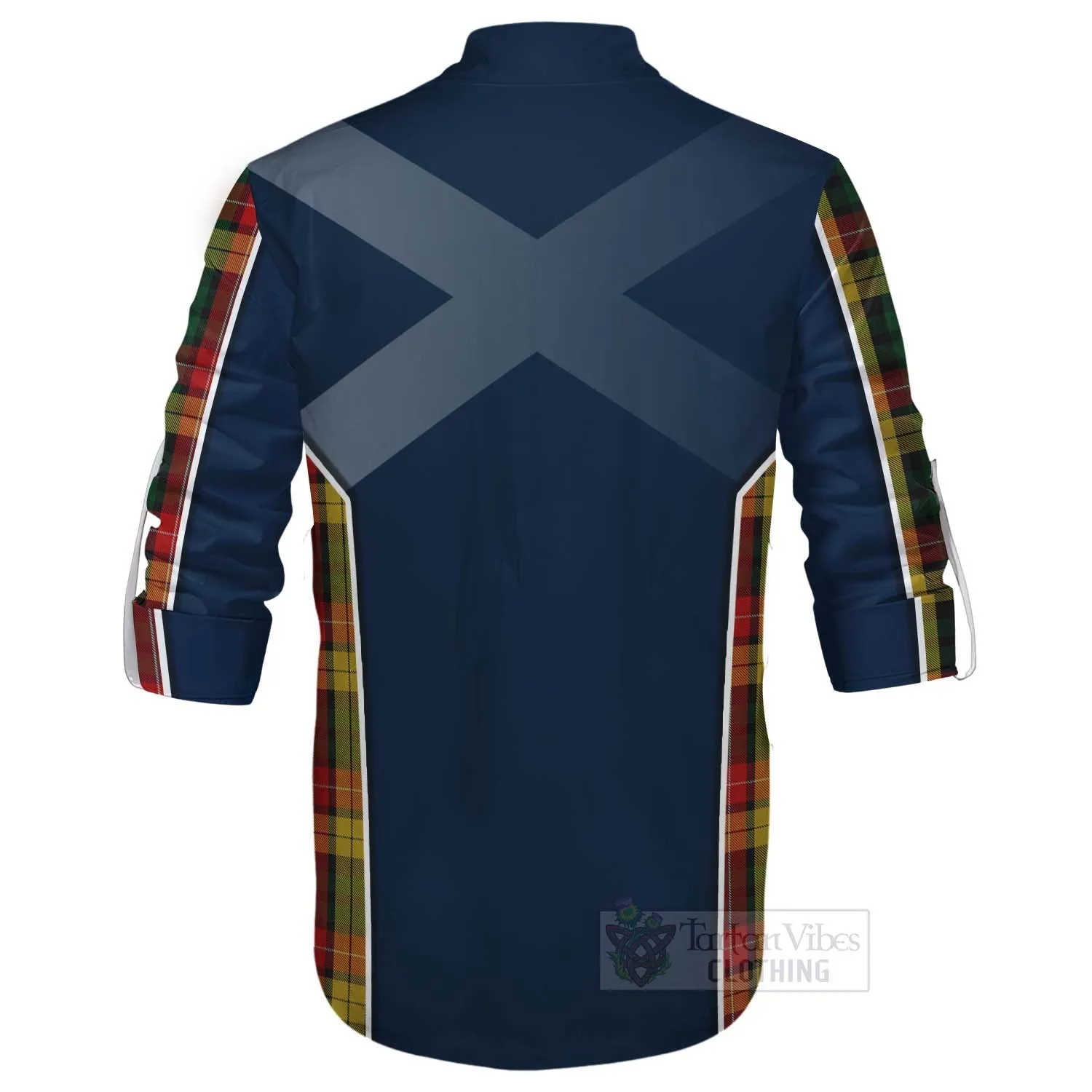 Buchanan Tartan Ghillie Kilt Shirt with Family Crest and Scottish Thistle Vibes Sport Style