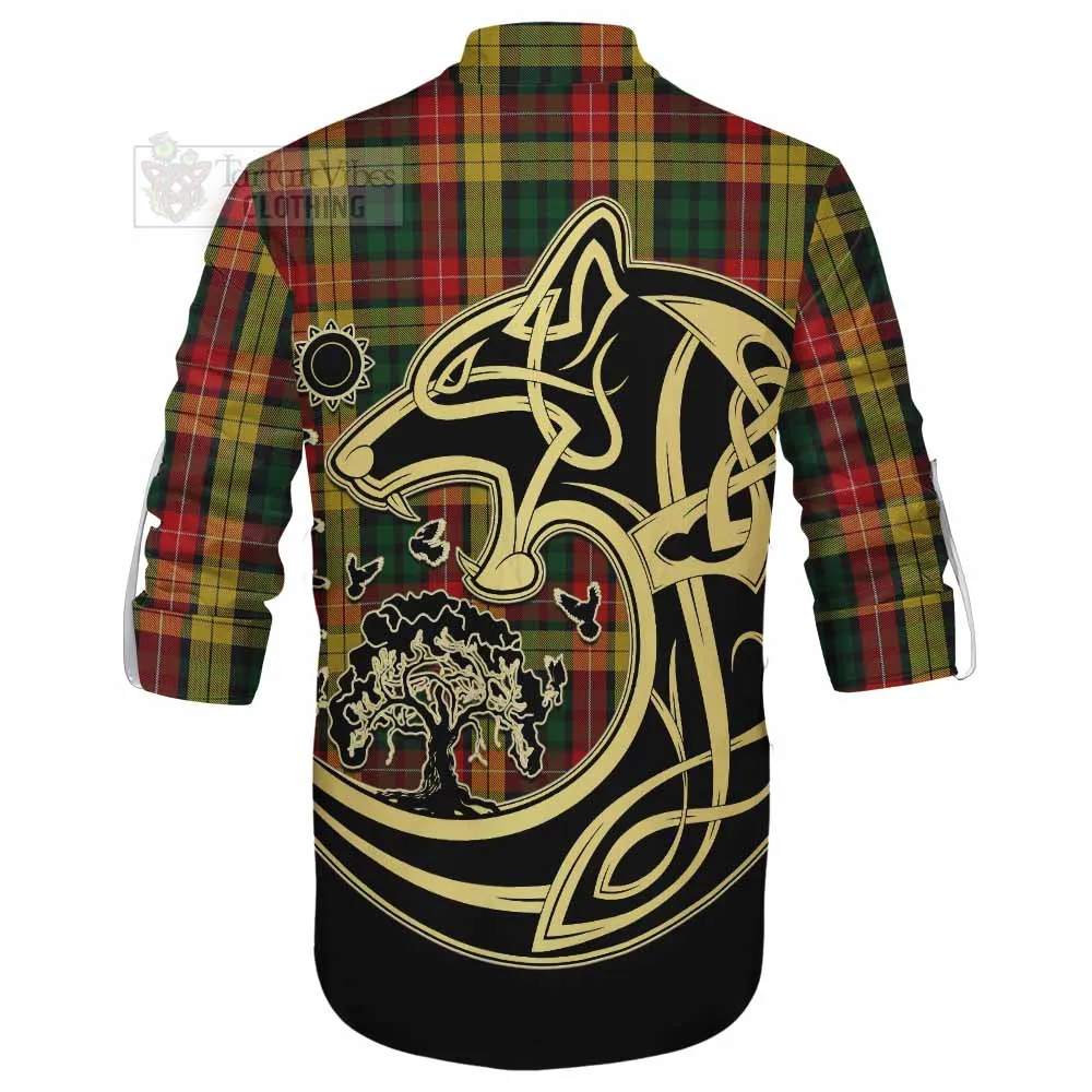 Buchanan Tartan Ghillie Kilt Shirt with Family Crest Celtic Wolf Style