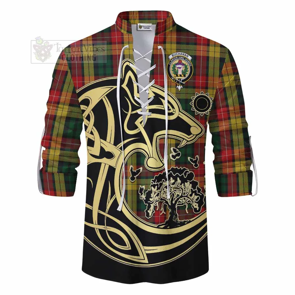 Buchanan Tartan Ghillie Kilt Shirt with Family Crest Celtic Wolf Style