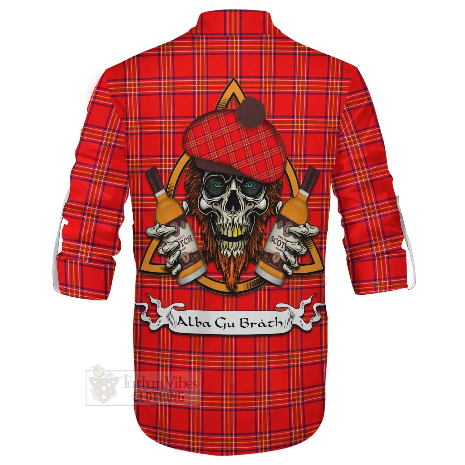 Burnett Tartan Ghillie Kilt Shirt with Family Crest and Bearded Skull Holding Bottles of Whiskey