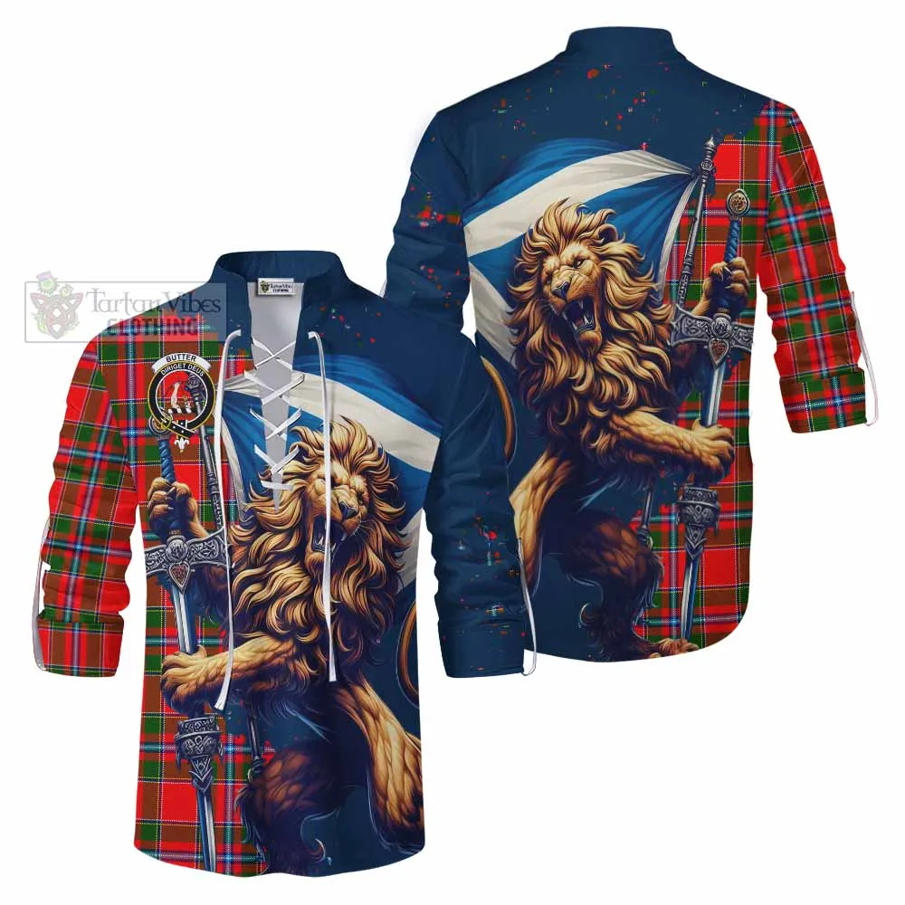 Butter Tartan Family Crest Ghillie Kilt Shirt with Scottish Majestic Lion