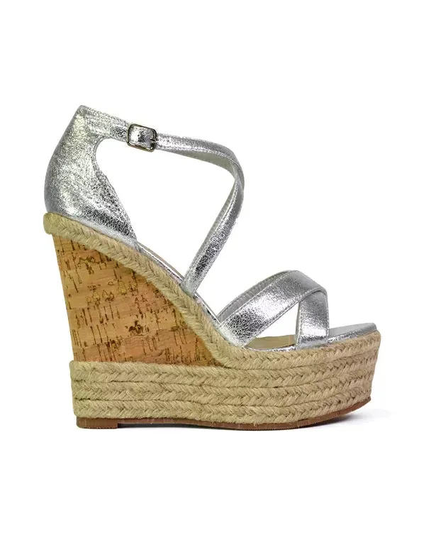 CHANCE WOVEN DETAIL STRAPPY WEDGE HEEL PLATFORM SANDALS IN SILVER METALLIC