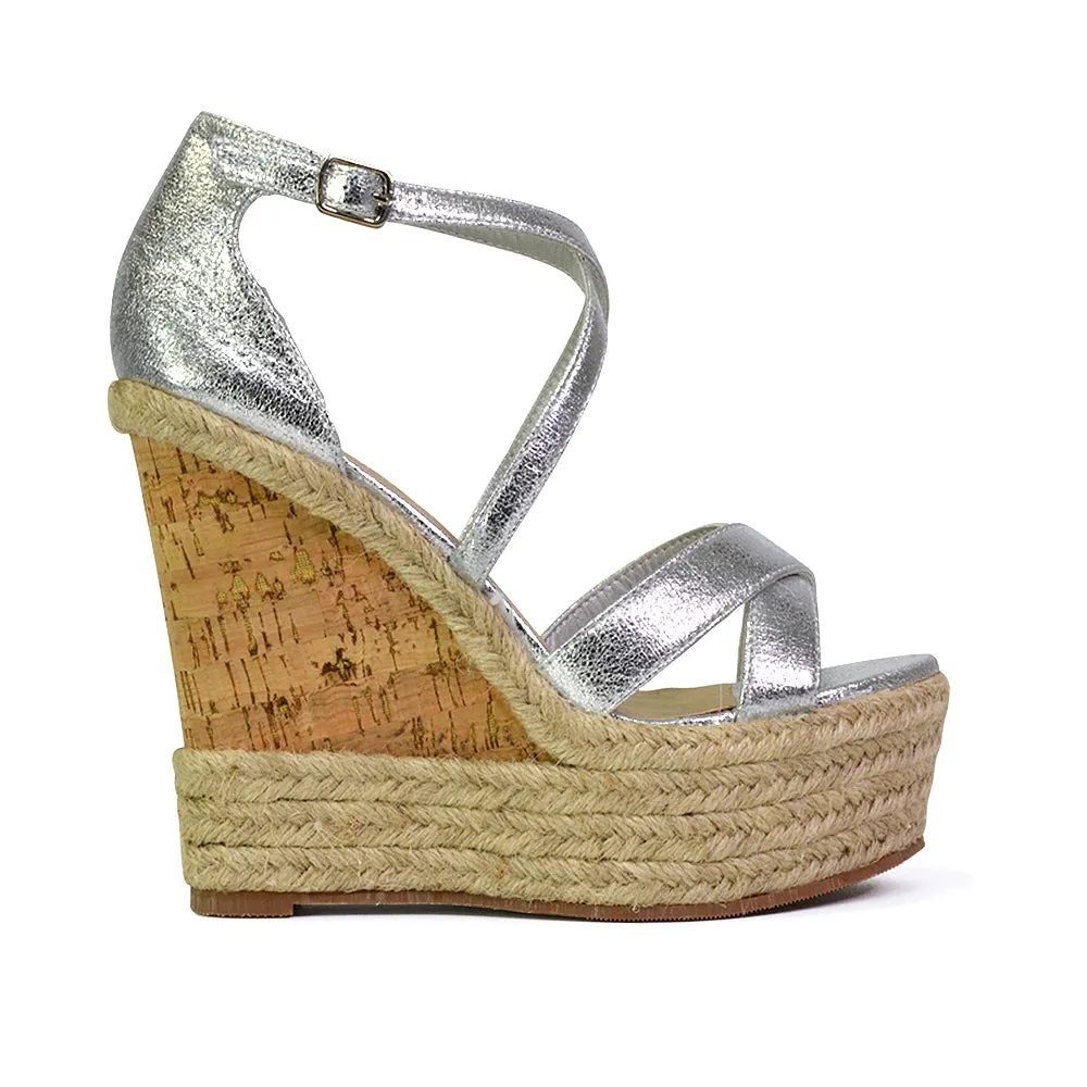 CHANCE WOVEN DETAIL STRAPPY WEDGE HEEL PLATFORM SANDALS IN SILVER METALLIC