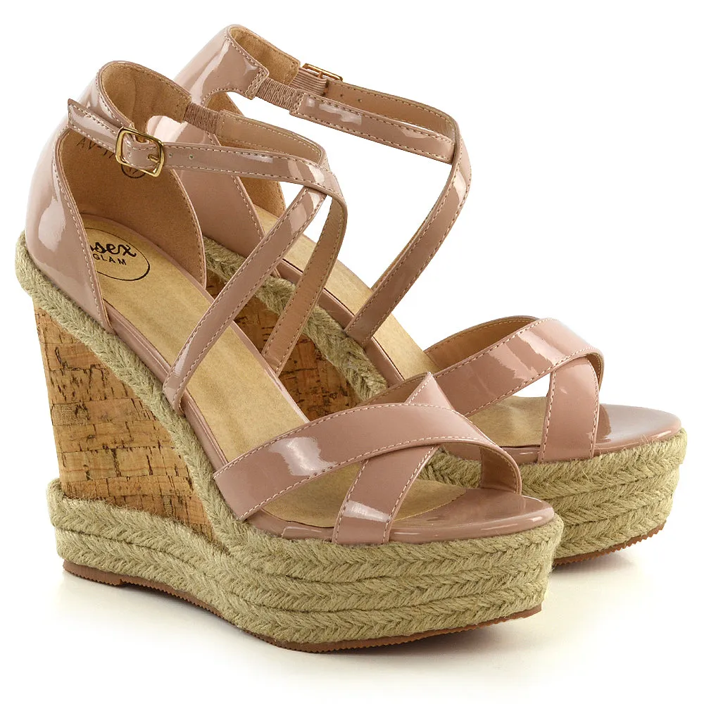 CHANCE WOVEN DETAIL STRAPPY WEDGE HEEL PLATFORM SANDALS IN SILVER METALLIC