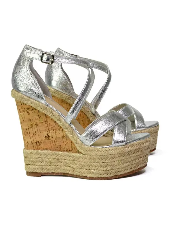 CHANCE WOVEN DETAIL STRAPPY WEDGE HEEL PLATFORM SANDALS IN SILVER METALLIC