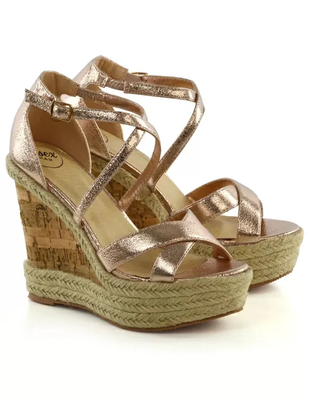 CHANCE WOVEN DETAIL STRAPPY WEDGE HEEL PLATFORM SANDALS IN SILVER METALLIC