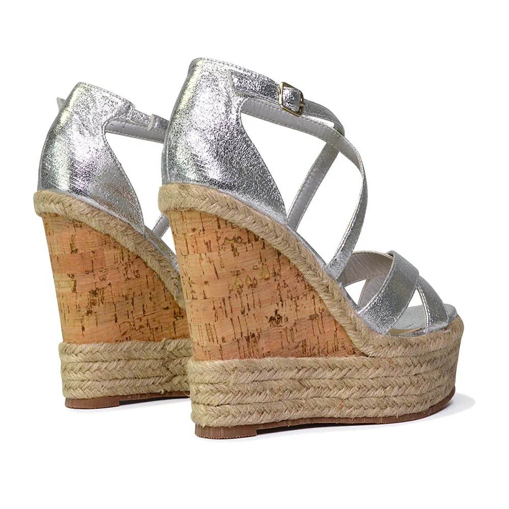 CHANCE WOVEN DETAIL STRAPPY WEDGE HEEL PLATFORM SANDALS IN SILVER METALLIC