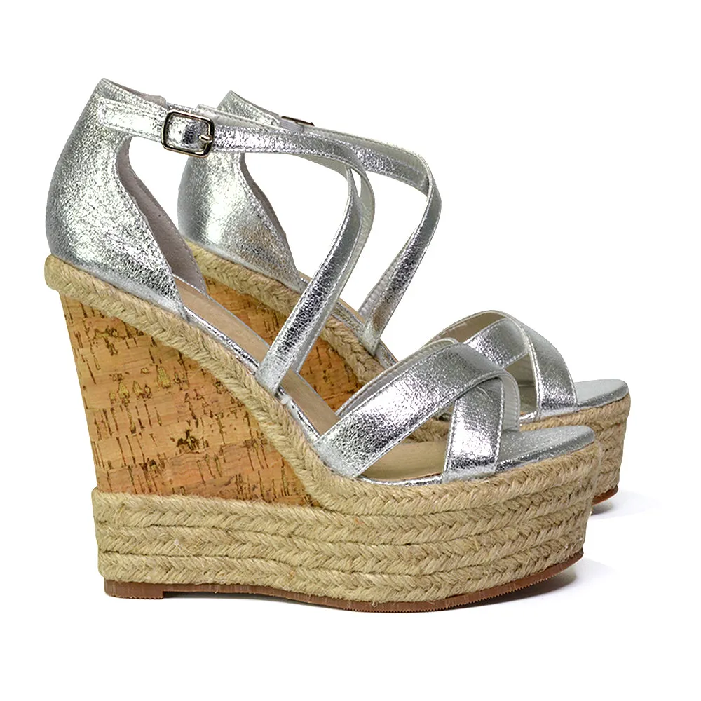 CHANCE WOVEN DETAIL STRAPPY WEDGE HEEL PLATFORM SANDALS IN SILVER METALLIC