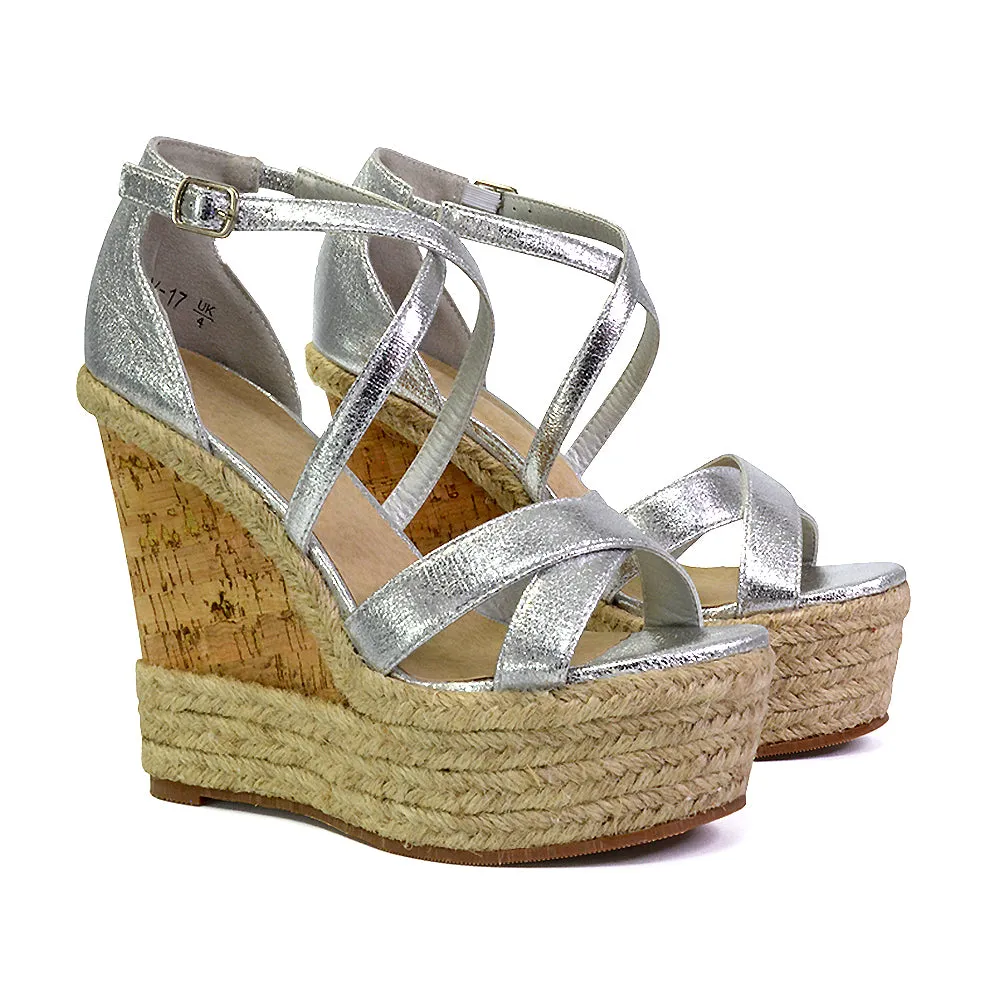 CHANCE WOVEN DETAIL STRAPPY WEDGE HEEL PLATFORM SANDALS IN SILVER METALLIC