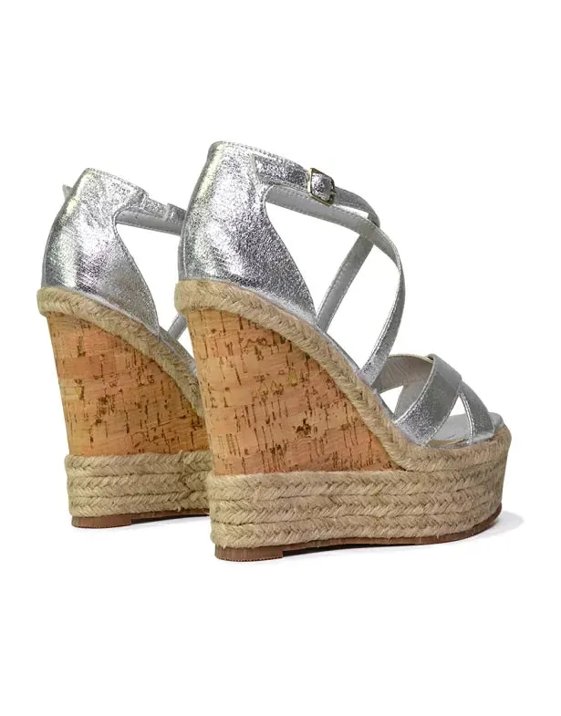 CHANCE WOVEN DETAIL STRAPPY WEDGE HEEL PLATFORM SANDALS IN SILVER METALLIC