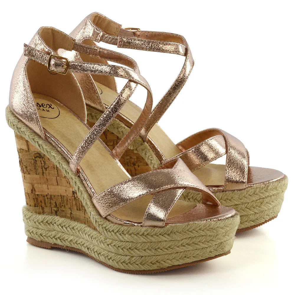 CHANCE WOVEN DETAIL STRAPPY WEDGE HEEL PLATFORM SANDALS IN SILVER METALLIC