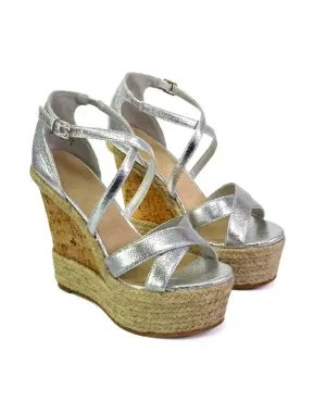 CHANCE WOVEN DETAIL STRAPPY WEDGE HEEL PLATFORM SANDALS IN SILVER METALLIC
