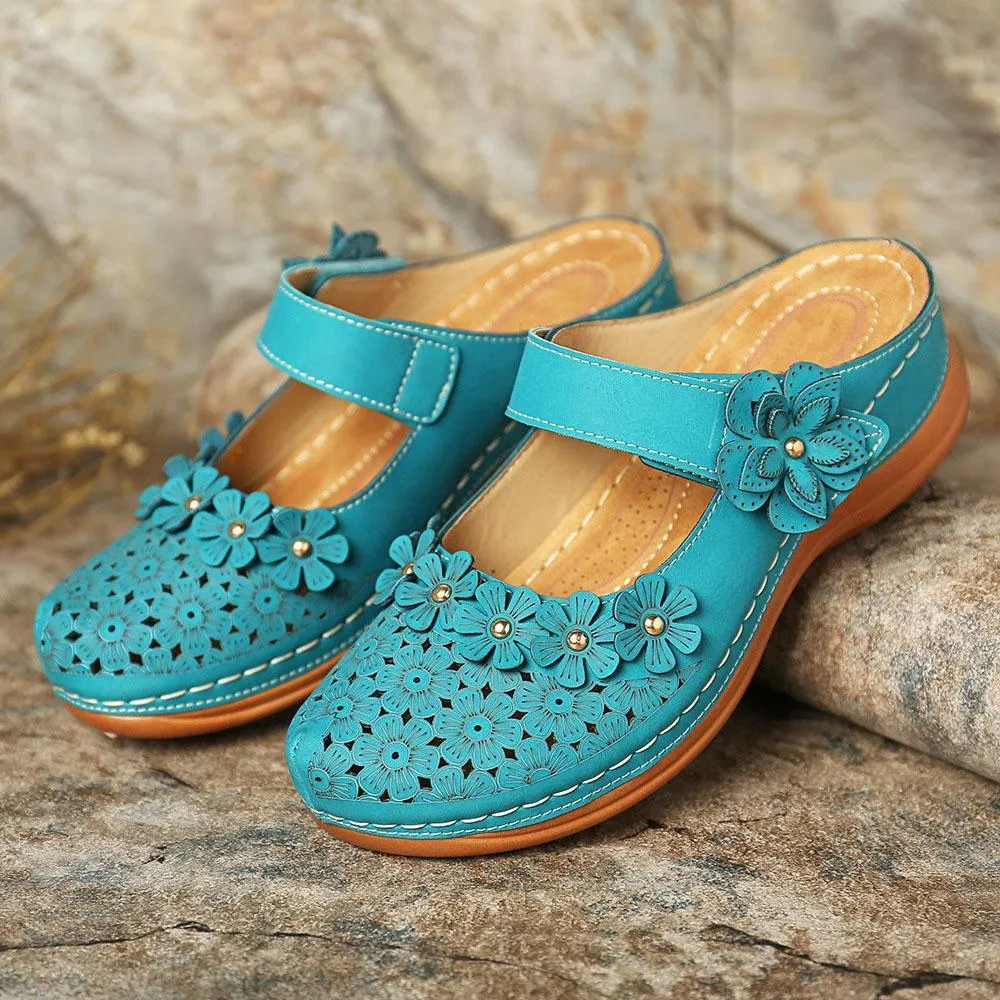 Chicvane Flower Cut Out Buckle Closure Leather Wedge Sandals Slides Shoes