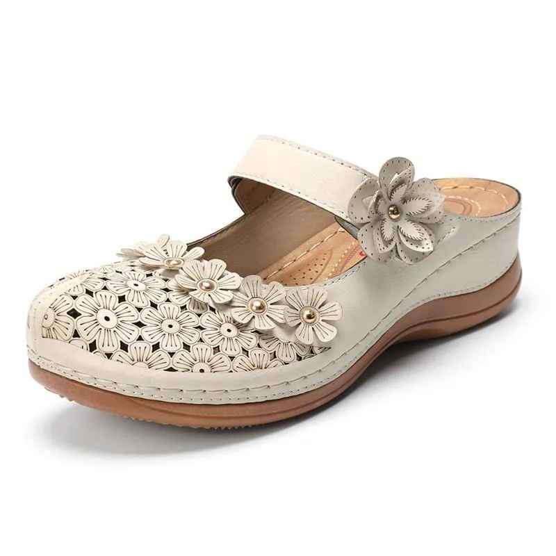 Chicvane Flower Cut Out Buckle Closure Leather Wedge Sandals Slides Shoes