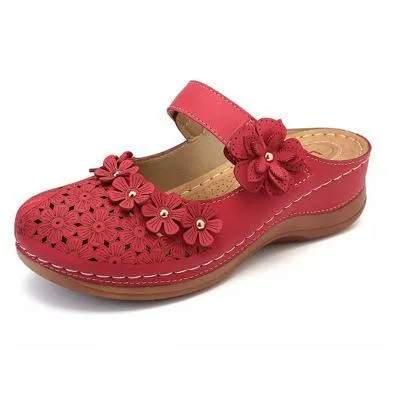 Chicvane Flower Cut Out Buckle Closure Leather Wedge Sandals Slides Shoes