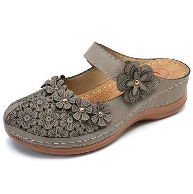 Chicvane Flower Cut Out Buckle Closure Leather Wedge Sandals Slides Shoes