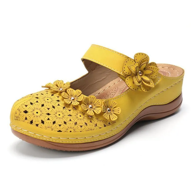 Chicvane Flower Cut Out Buckle Closure Leather Wedge Sandals Slides Shoes