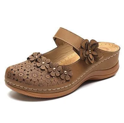 Chicvane Flower Cut Out Buckle Closure Leather Wedge Sandals Slides Shoes
