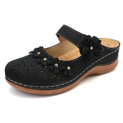 Chicvane Flower Cut Out Buckle Closure Leather Wedge Sandals Slides Shoes