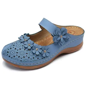 Chicvane Flower Cut Out Buckle Closure Leather Wedge Sandals Slides Shoes