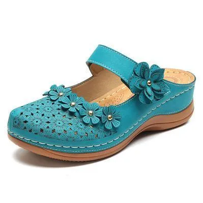 Chicvane Flower Cut Out Buckle Closure Leather Wedge Sandals Slides Shoes